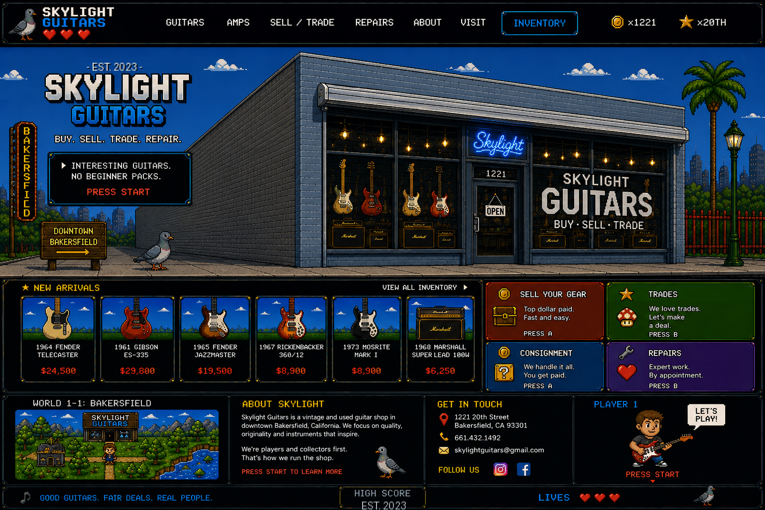 Skylight Guitars retro pixel-art website concept