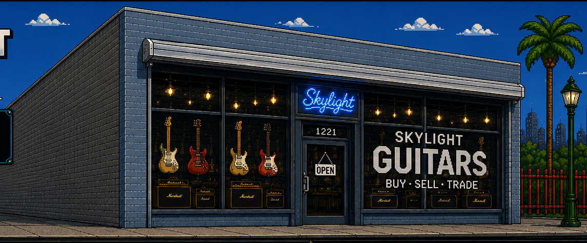 Pixel-art Skylight Guitars storefront